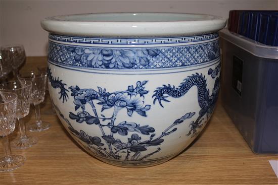 A Chinese blue and white jardiniere, diameter 37cms (star cracked)